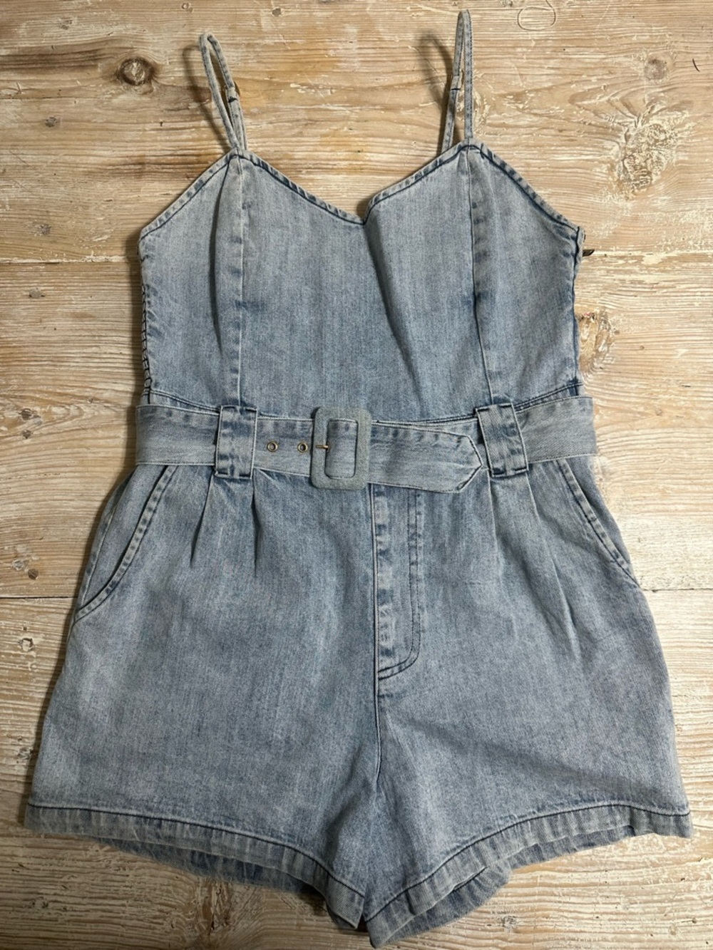 Show me Your MuMu Revolve Sloane Denim Belted Romper Spaghetti Strap Sz L - Picture 3 of 13